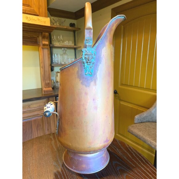 Vintage Copper Coal Scuttle With Porcelain Handle & Lion Head Decoration - Picture 1 of 9